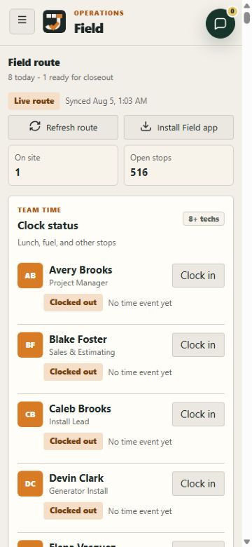 JobChief mobile field route with job status and customer context